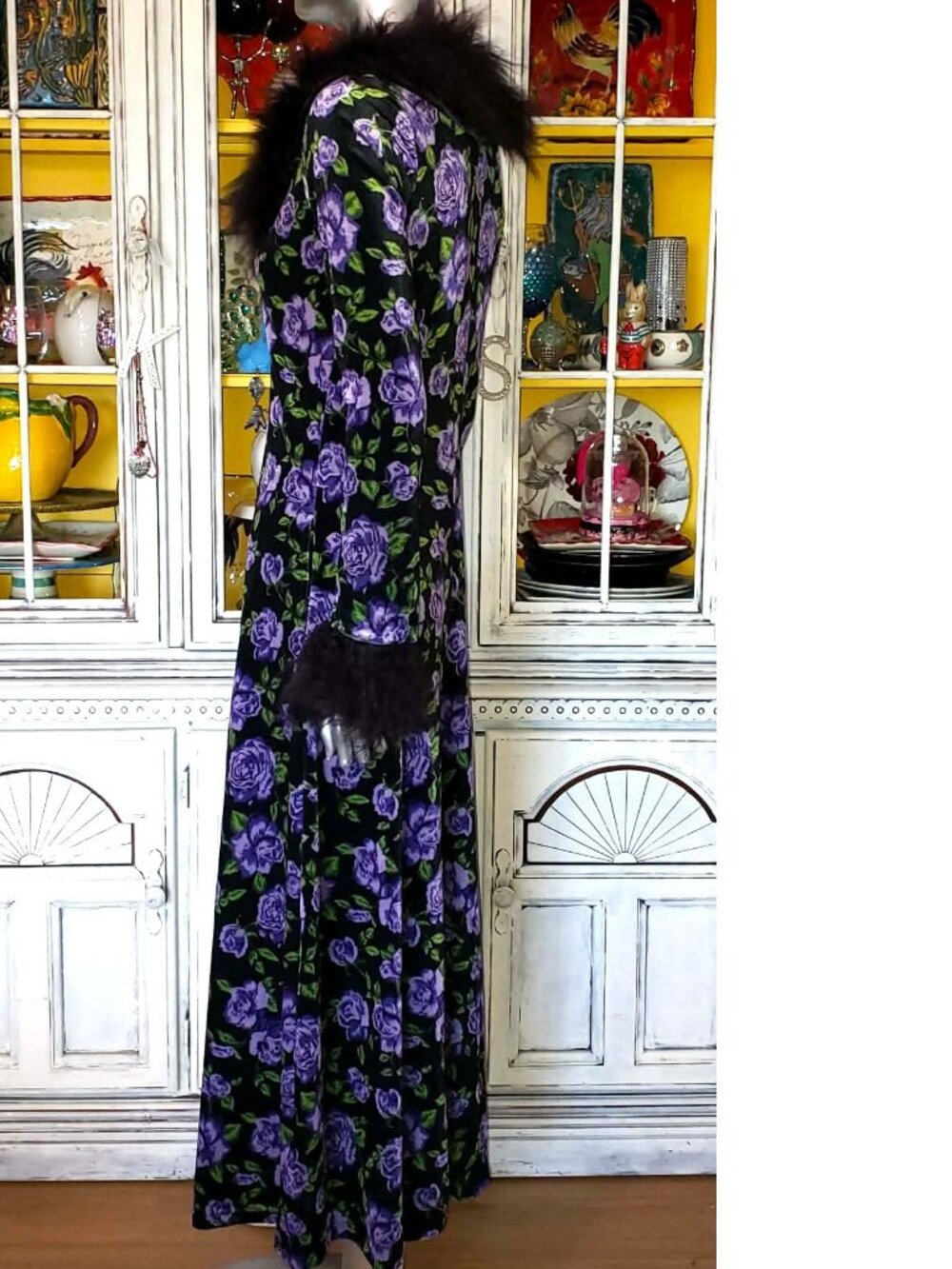 Betsey Johnson Black Velvet Floral Faux Fur Duster Opera Coat Long Dress Jacket - Picture 9 of 16